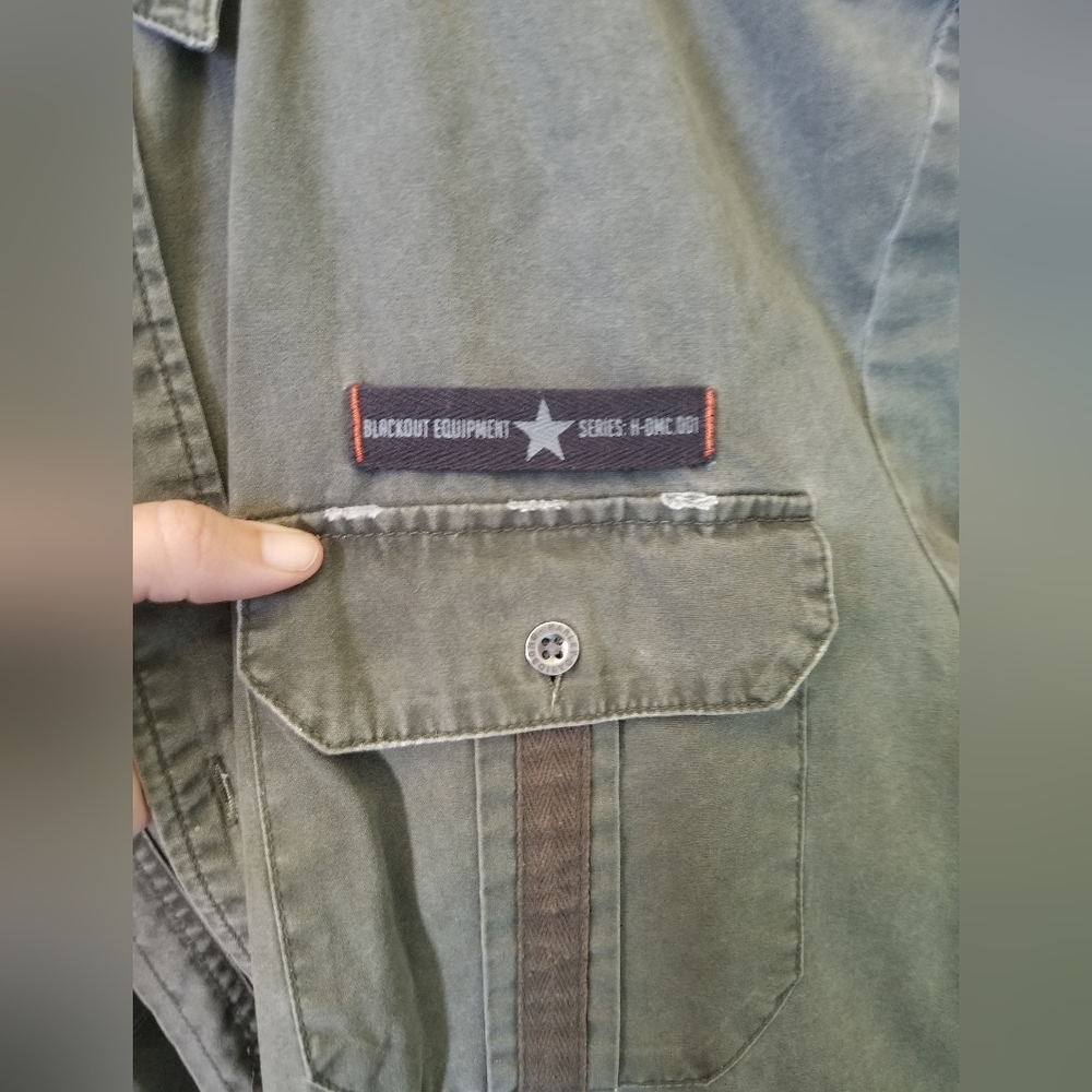 Harley Davidson Gray Embroidered Patched Military Style Button Shirt  Motorcycle - Picture 5 of 7